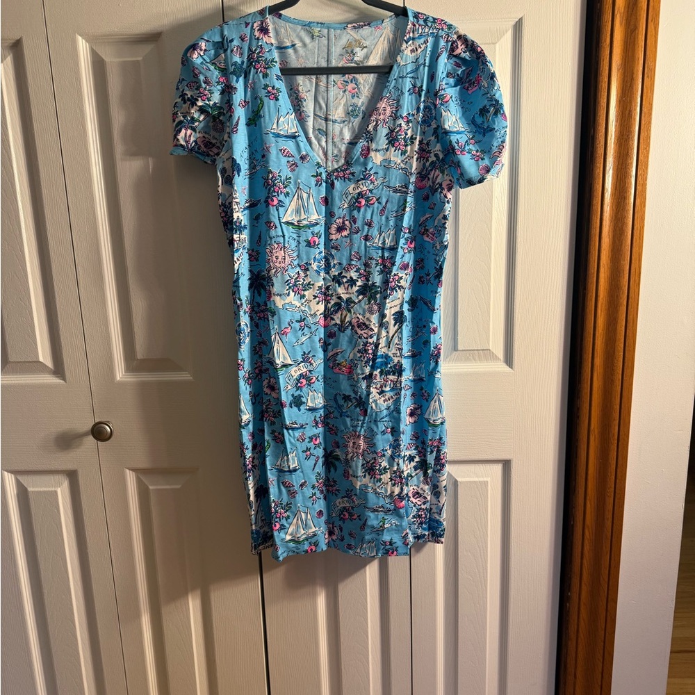 Lilly Pulitzer Light Blue Floral & Sailboat V-Neck Mini Dress